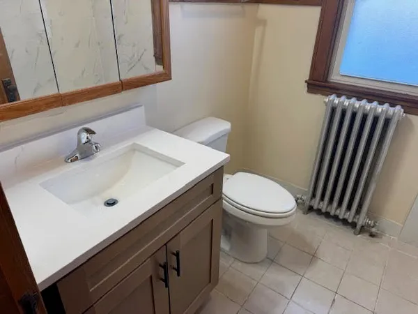 a bathroom with a sink a toilet and mirror