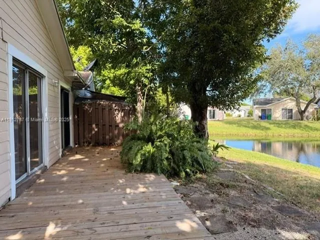 a view of a yard with plants and large tree