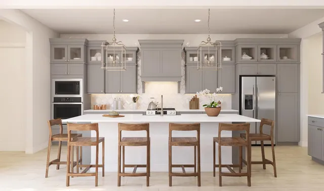 a kitchen with a dining table chairs and refrigerator