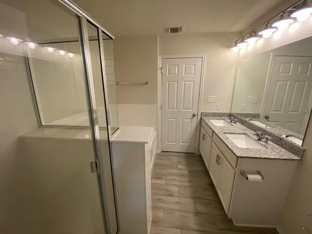 a bathroom with double vanity and a mirror