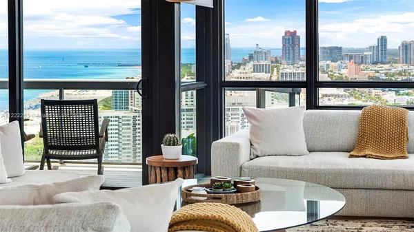 a living room with furniture and a large window