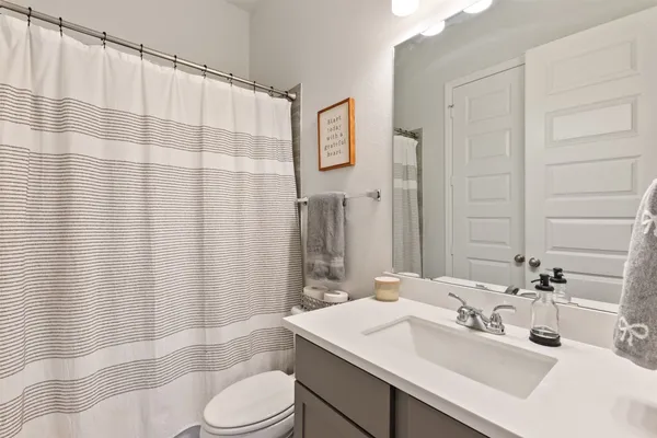 a bathroom with a sink a toilet and shower curtain