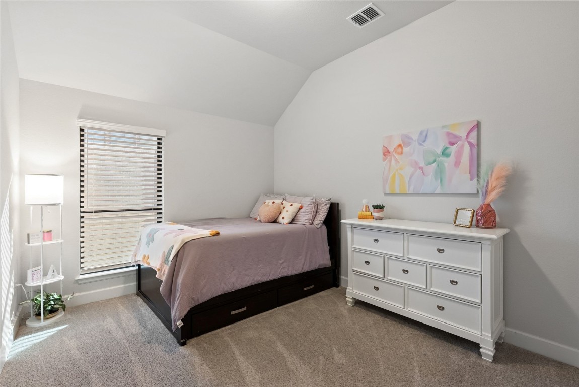 321 Allegheny Way Kyle, TX 78640 - Photo 22 of 40 Bedroom featuring vaulted ceiling and light carpet