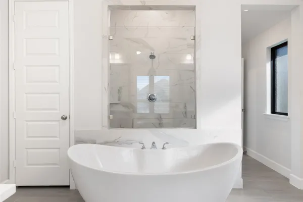 a bathroom with a bathtub and a shower