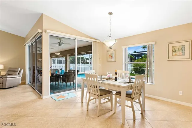 a view of a dining room with furniture window and outside view