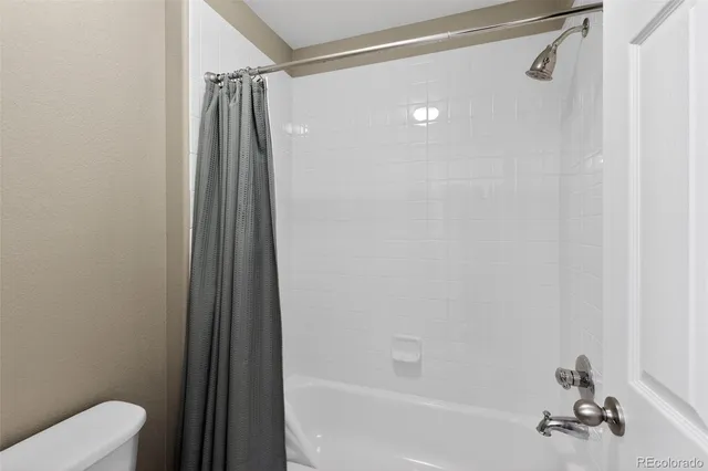 a bathroom with a shower and a toilet