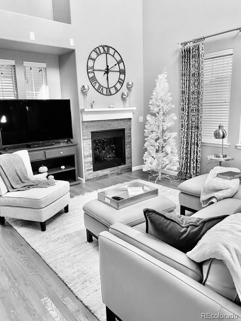 3350 Cascina Circle, Unit D Highlands Ranch, CO 80126 - Photo 26 of 40 a living room with furniture a flat screen tv and a fireplace