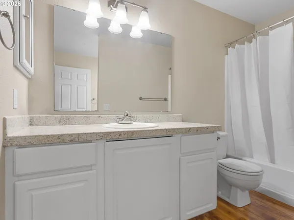 a bathroom with a granite countertop sink a toilet and a mirror