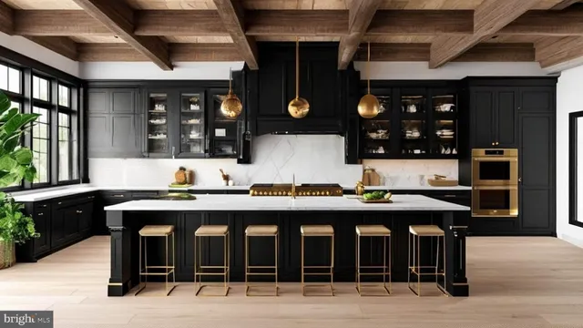 a kitchen with a sink and chairs