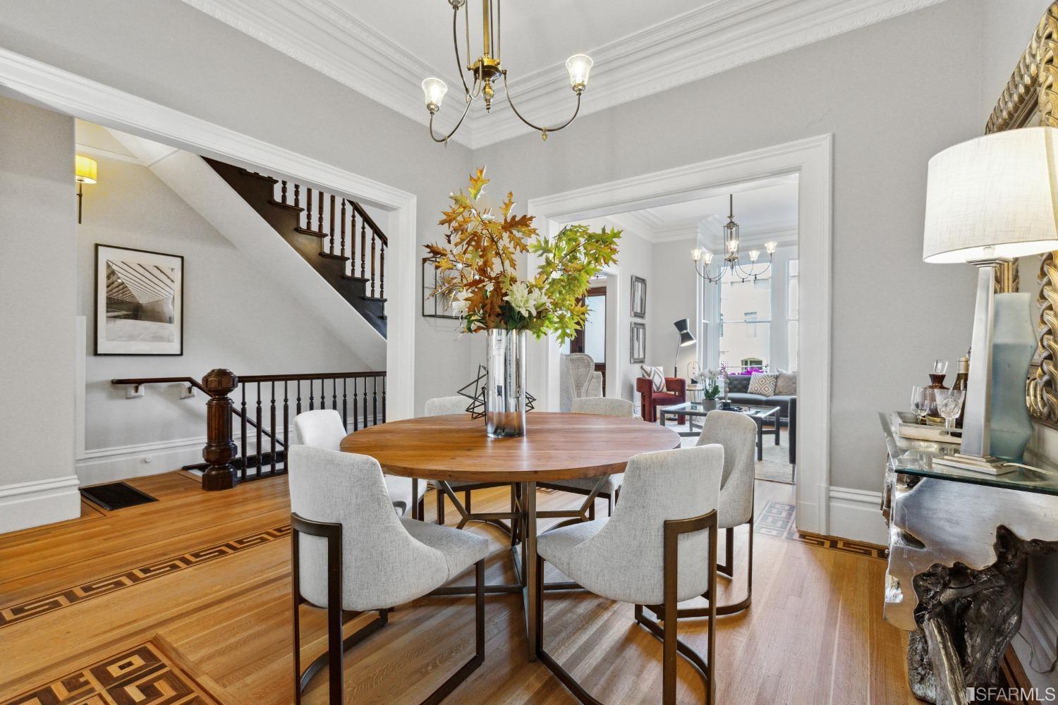 151 Broderick Street San Francisco, CA 94117 - Photo 11 of 39 a view of a dining room with furniture a chandelier and wooden floor