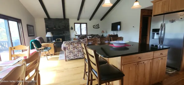 a view of a dining room with furniture