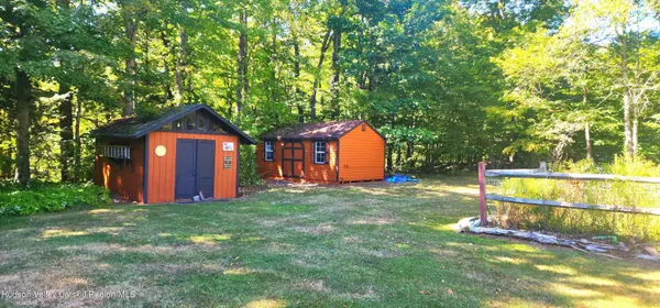 a view of a backyard with a small cabin