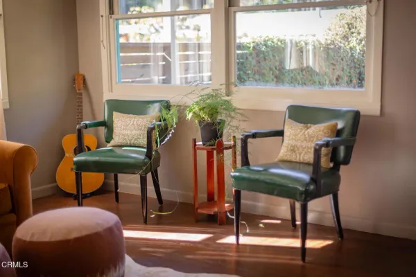 a living room with furniture and a potted plant