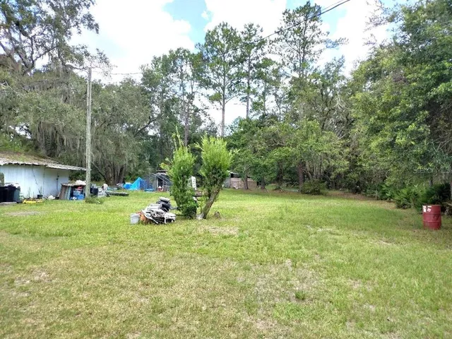 a view of a fire pit in front of a big yard with large trees