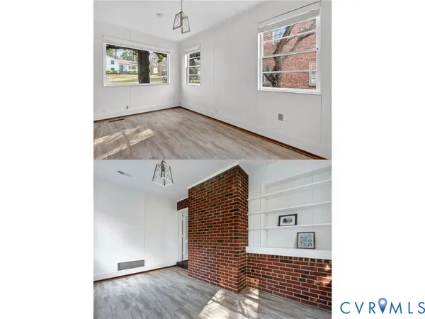 a view of a livingroom with a window and ceiling fan