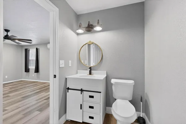 a bathroom with a toilet a sink and a mirror