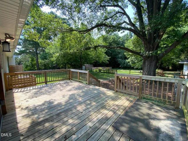 a view of a deck with a large trees