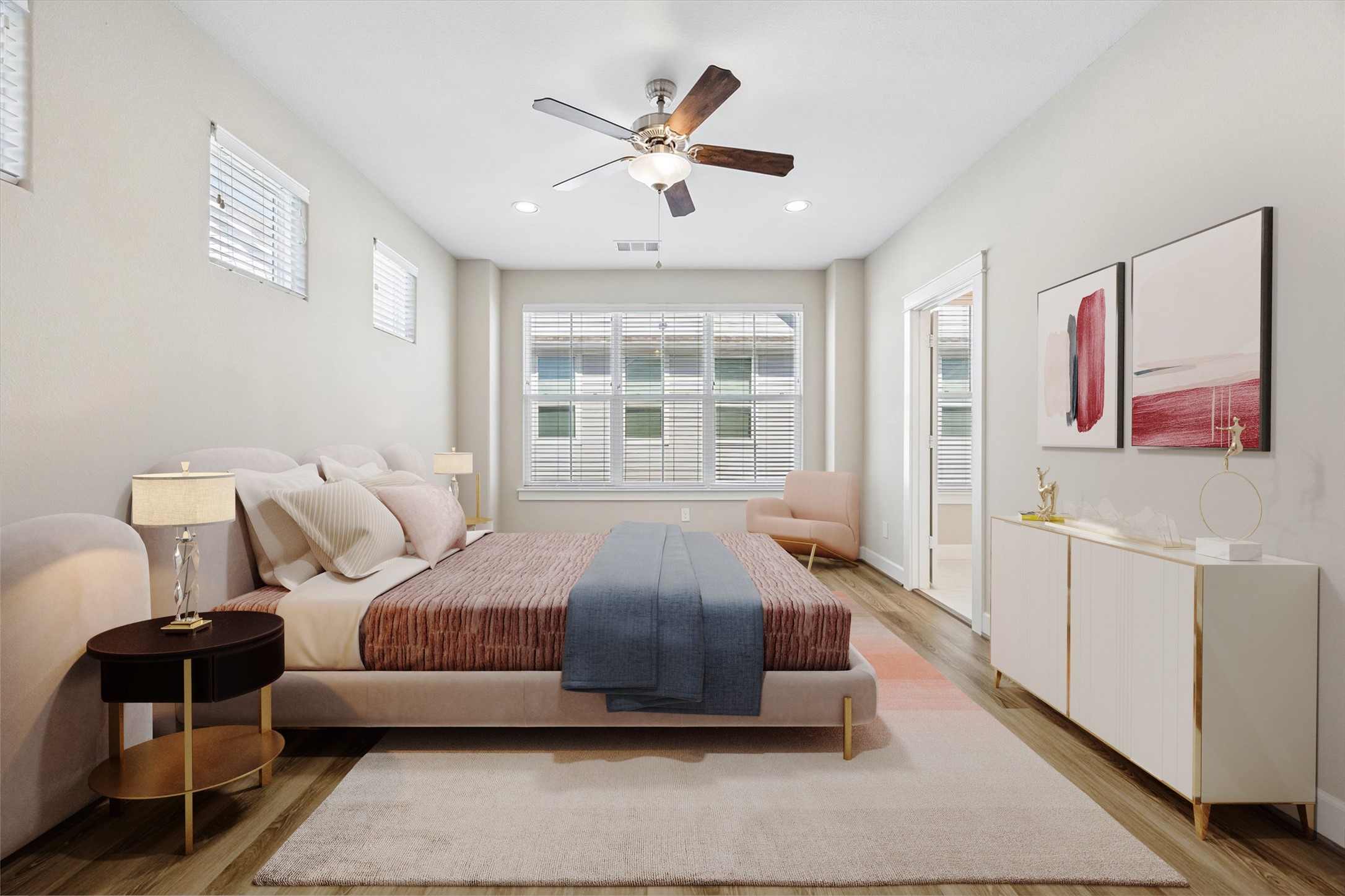 603 Link Road, Unit F Houston, TX 77009 - Photo 15 of 37 Spacious third-floor primary suite offers a private retreat with high ceilings and abundant natural light. Generous proportions leave plenty of room for a king-size bed and additional seating. (digitally staged)