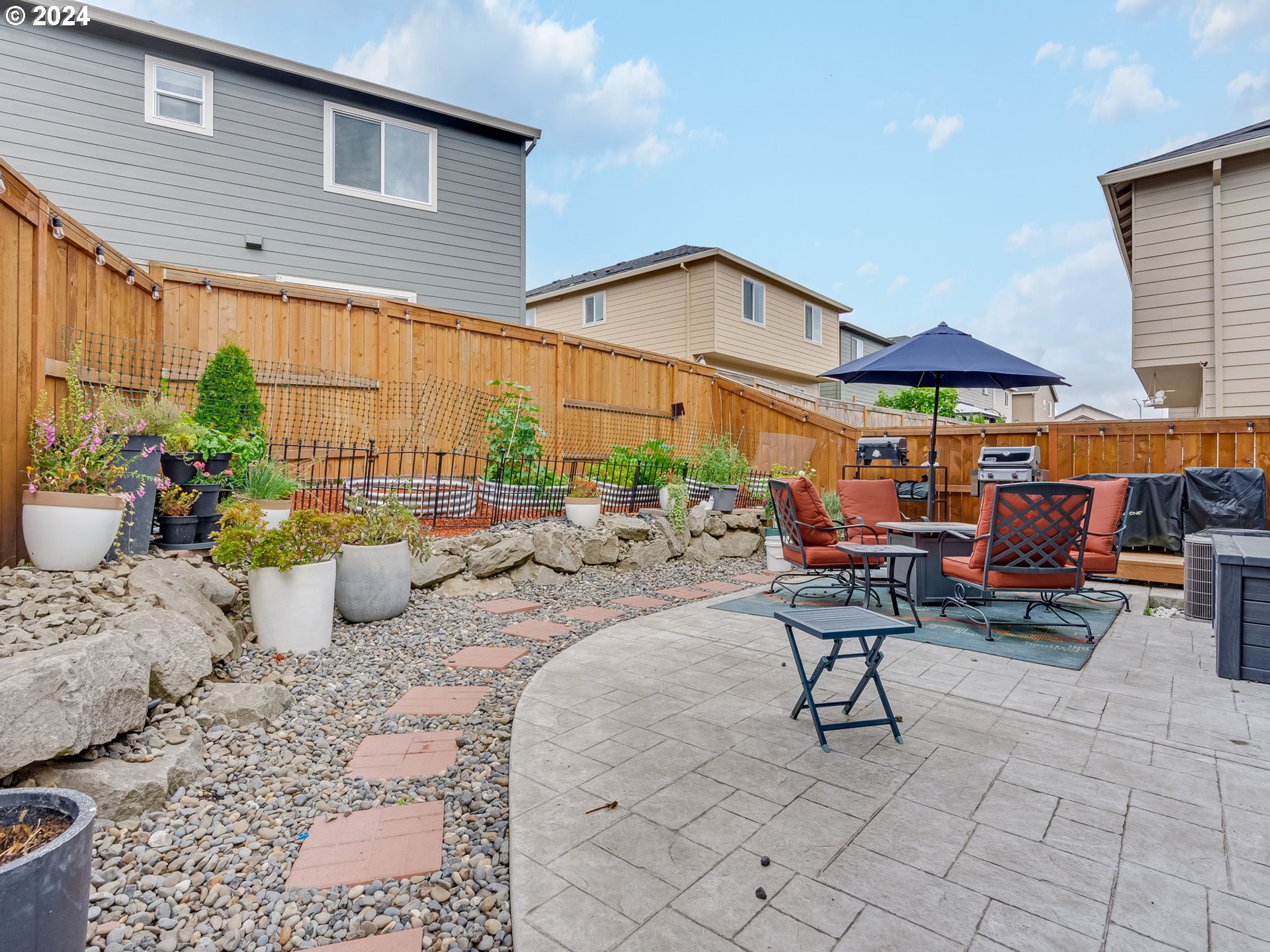 2046 South Meadowlark Dr. Loop Ridgefield, WA 98642 - Photo 31 of 38 a view of a patio with dining table and chairs under an umbrella