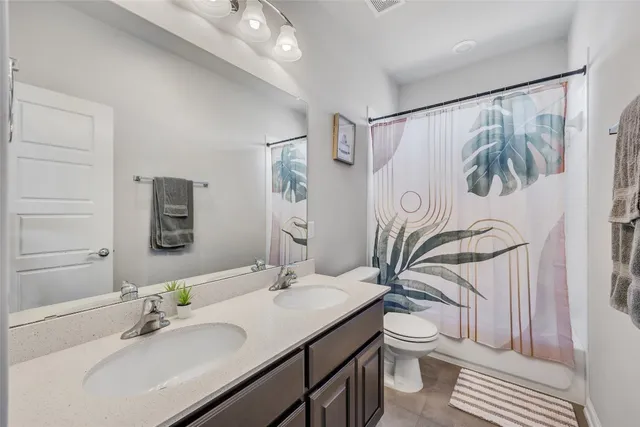 a bathroom with a sink a toilet and a large mirror