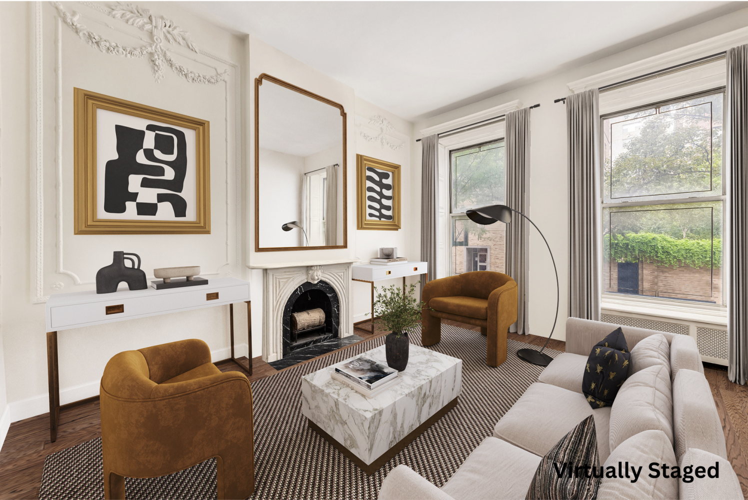 48 East 83rd Street, Unit GARDEN Manhattan, NY 10028 - Photo 3 of 16 a living room with furniture and a fireplace