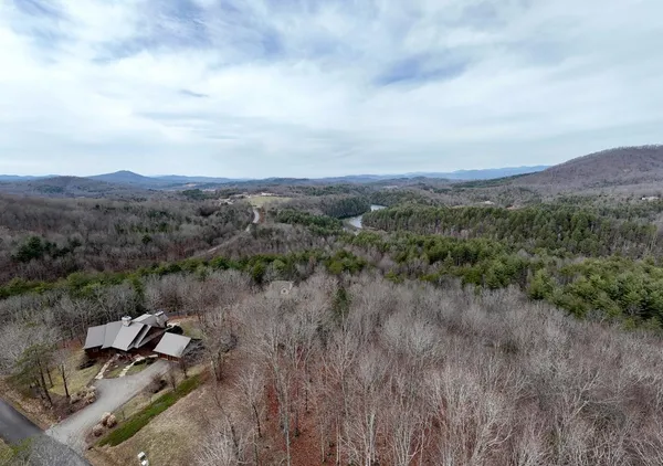 an aerial view of houses covered in trees