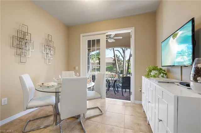 a view of a dining room with furniture window and outside view