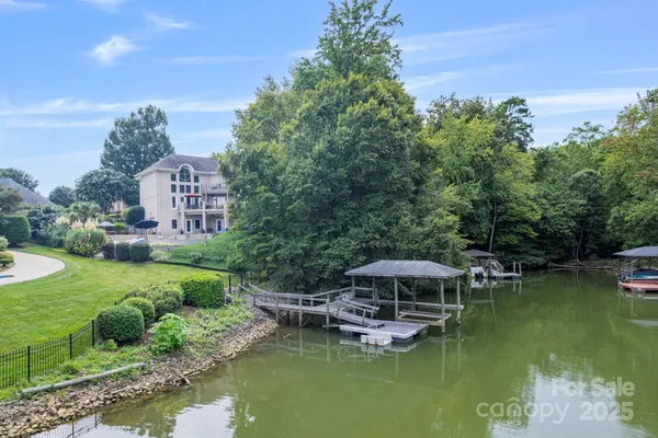 a view of a lake with a garden