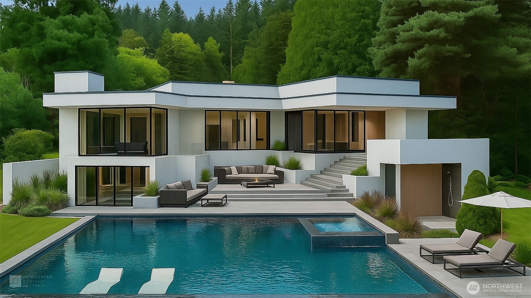 4802 East Mercer Way Mercer Island, WA 98040 - Photo 12 of 33 a view of a patio with couches chairs and swimming pool with a yard