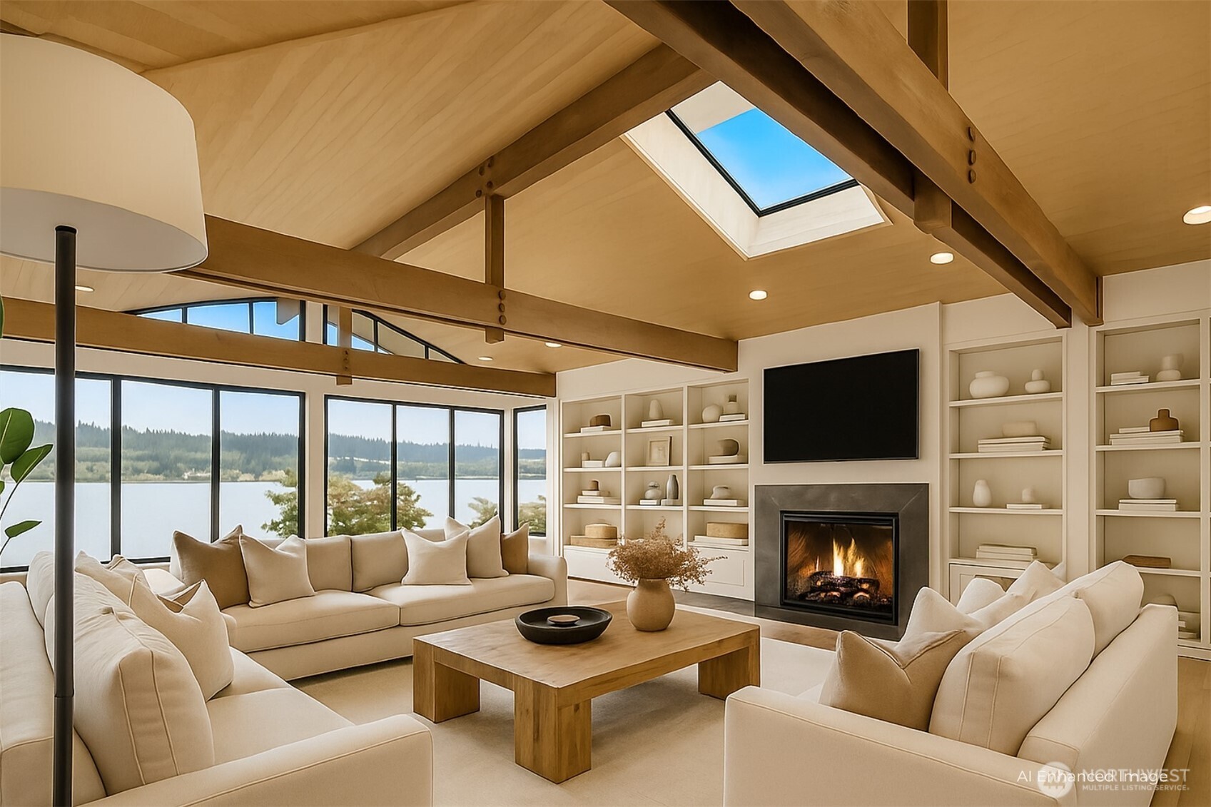 4802 East Mercer Way Mercer Island, WA 98040 - Photo 21 of 33 a living room with furniture fireplace and a flat screen tv