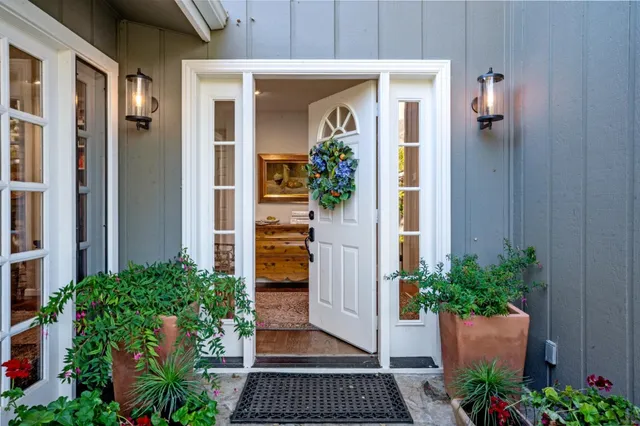 a view of a entryway door of the house with potted plants