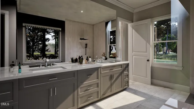 a bathroom with a double vanity sink and a mirror