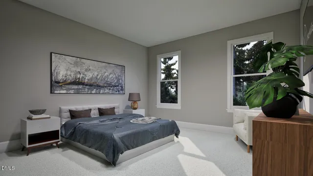 a bedroom with a bed potted plant and a window