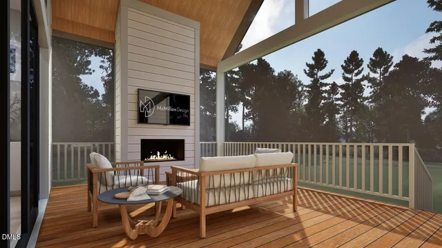 a view of a chair and tables in the balcony