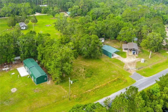 an aerial view of residential houses with outdoor space and trees