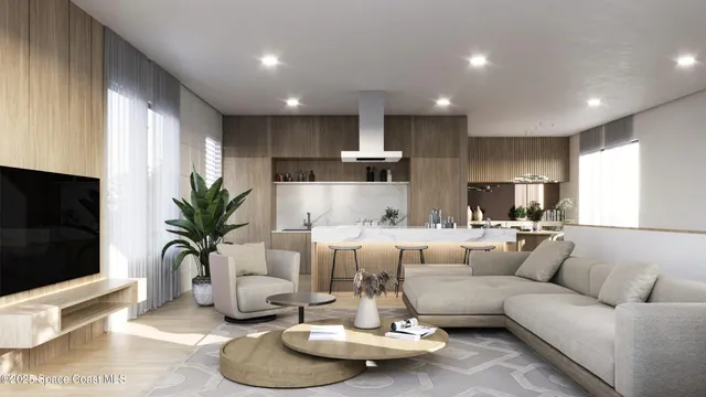 a living room with furniture kitchen and a large window