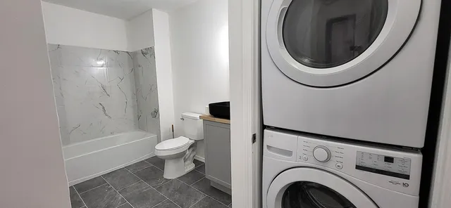 a bathroom with a toilet and a washing machine