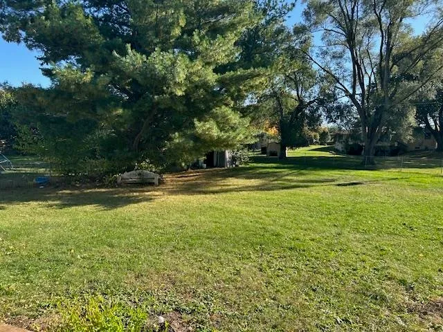 a view of a swimming pool with a yard and large trees