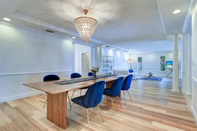 a view of a dining room with furniture