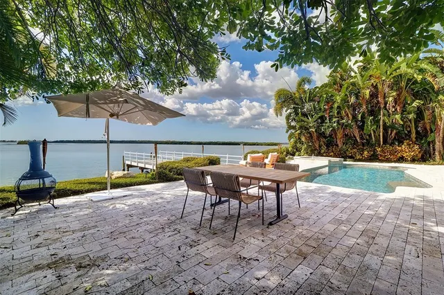 a backyard of a house with table and chairs