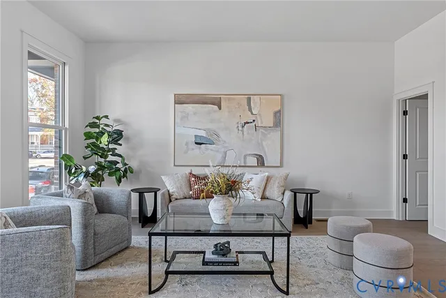 a living room with furniture and a potted plant