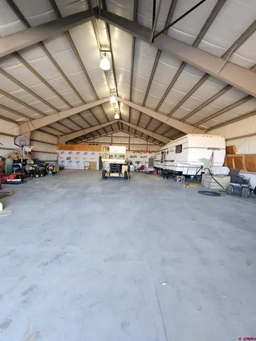 a view of a garage with storage