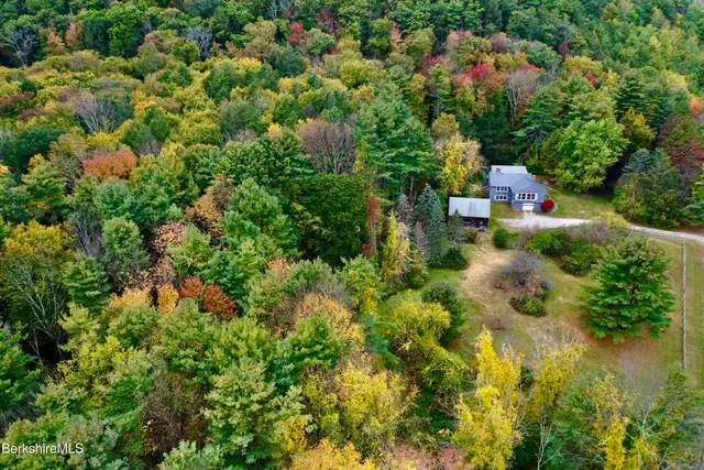 an aerial view of residential house with outdoor space and trees all around