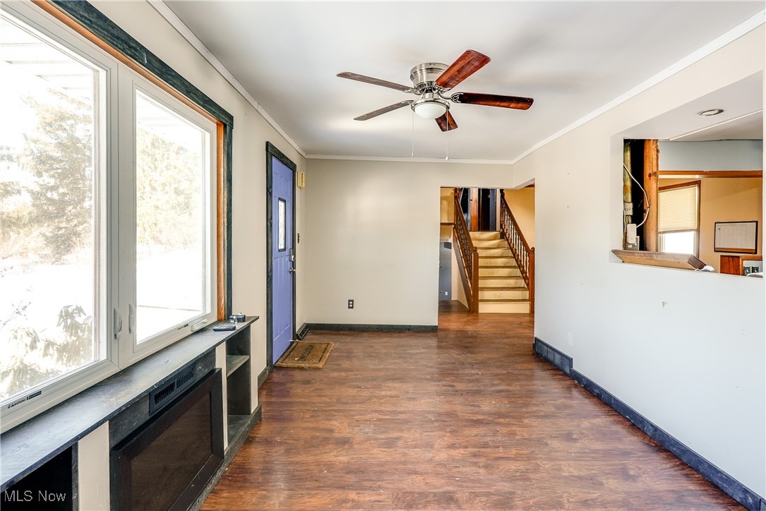 Spare room with dark wood-type flooring, a wealth of natural light, crown molding, and ceiling fan