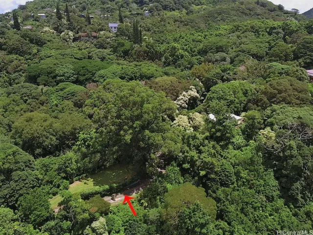 an aerial view of residential house with outdoor space and trees all around