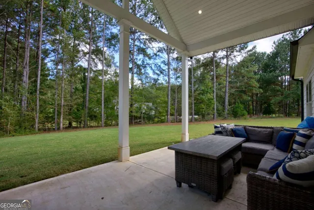 a view of a patio with couches plants and a big yard