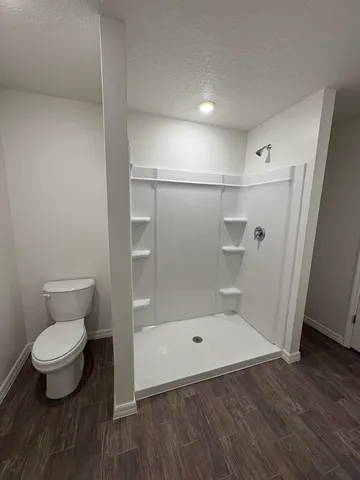a bathroom with a toilet and a shower
