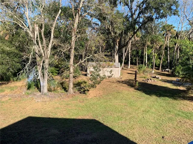a view of a yard with large trees