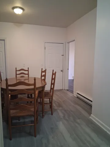 a view of a dining room with furniture
