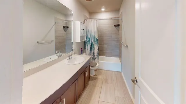 a bathroom with a sink a toilet a mirror and shower